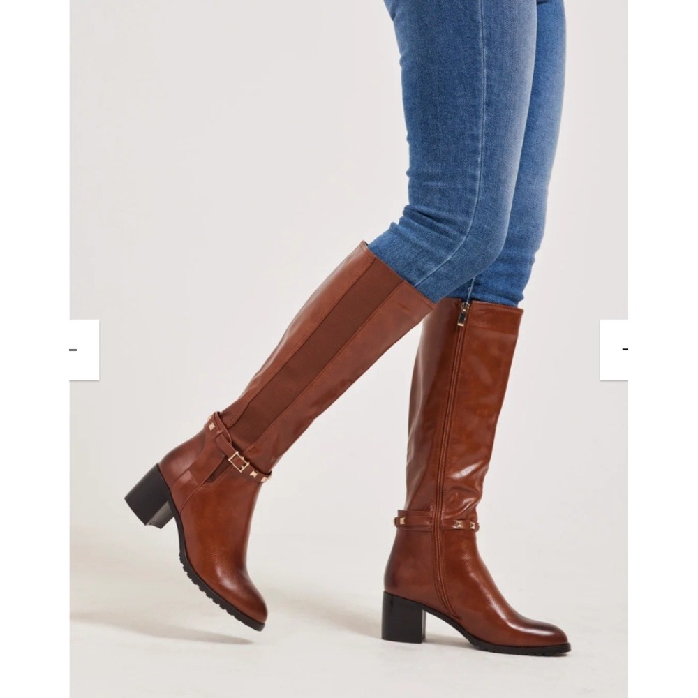 TORGEIS Destiny Camel Riding Knee High Boots Studded Buckle Block Heel‎ NEW